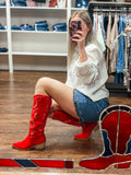 The Enora Red High Calf Boot