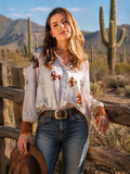 Blue B Stretch Satin Western Print Blouse
