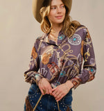 Blue B Western Motif Printed Button Down Shirt