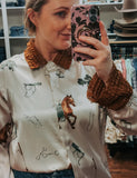 Blue B Stretch Satin Western Print Blouse
