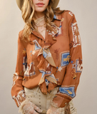 Blue B Western Print Ruffle Sheer Blouse