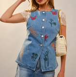Embroided Whimsy Denim Blue Vest