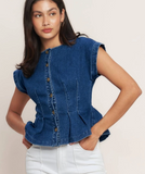 Pleated Washed Denim Top