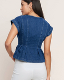 Pleated Washed Denim Top