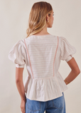Jacquard Tie-Front Peplum Ivory Blouse