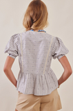 Jacquard Tie-Front Peplum Slate Blue Blouse