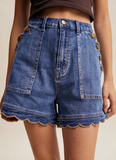 Scalloped Button-Side Stretch Denim Shorts
