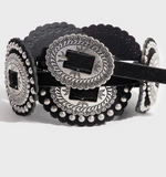 Intricate Western Concho Vegan Leather Belt - Silver