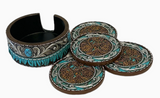 Blue Brown Tooled Leather with Blue Tassel Coasters