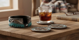Blue Brown Tooled Leather with Blue Tassel Coasters