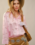 Blue B Satin Horse Motif 3/4 Sleeve Button Blouse