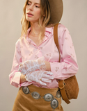 Blue B Satin Horse Motif 3/4 Sleeve Button Blouse