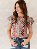 Boots Checkered Ruffle Sleeve Top