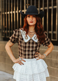 Brown Plaid Puff Sleeve Blouse W Collar