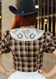 Brown Plaid Puff Sleeve Blouse W Collar