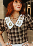 Brown Plaid Puff Sleeve Blouse W Collar