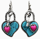 Heart Lock and Key Turqouise Earrings
