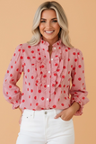 Red Polka Dot Stripe Ruffle 3/4 Sleeve Buttoned Shirt