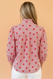 Red Polka Dot Stripe Ruffle 3/4 Sleeve Buttoned Shirt