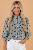 Black Polka Dot Stripe Ruffle 3/4 Sleeve Buttoned Shirt