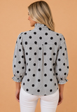 Black Polka Dot Stripe Ruffle 3/4 Sleeve Buttoned Shirt