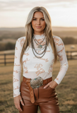 Western Mesh High Neck Long Sleeve Top