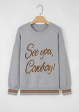 See You Cowboy Embroidered Stripe Cuff Sweater - Grey