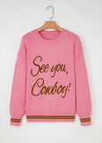 See You Cowboy Embroidered Stripe Cuff Sweater - Pink