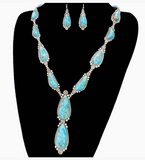 Genuine Turquoise Teardrop Silver Necklace Set