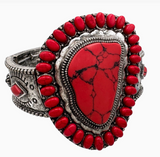 Large Howlite Red Stone Metal Silver Bracelet