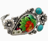 Painted Flowers Epoxy Resin Teardrop Turquoise Open Bangle