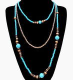 Three Strand Turquoise Stone Beads Western Long Necklace