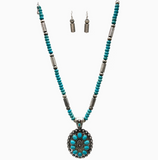 Turquoise Flower Concho Beads Necklace Earrings Set