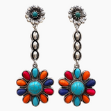 Western Turquoise Multicolor Stone Flower Dangle Earrings