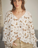 Blue B Western Print Lace Ruffle Top