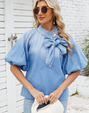 Denim Bow Tie Top - Light Blue