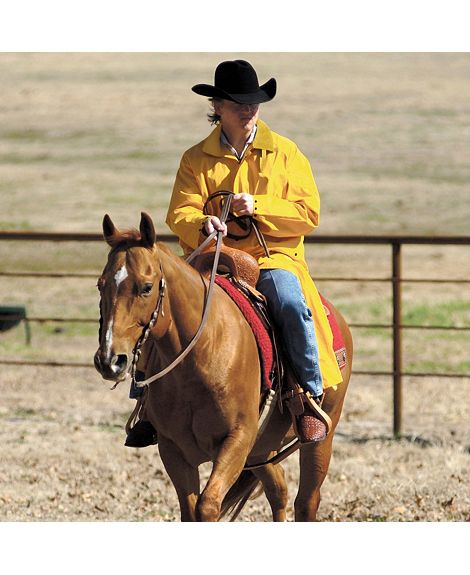 This childs saddle slicker is for girls or boys. It has a weatherproof PVC shell, storm fly front, corduroy collar, rear saddle gusset, It will protect the saddle and rider, durable yet comfortable to keep cowboys, cowgirls or motorcycle riders dry from t