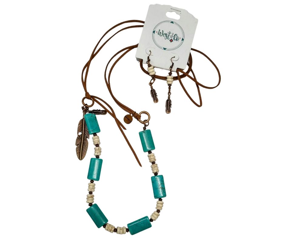 Leather, Turquoise and Feather Necklace and Earring Set